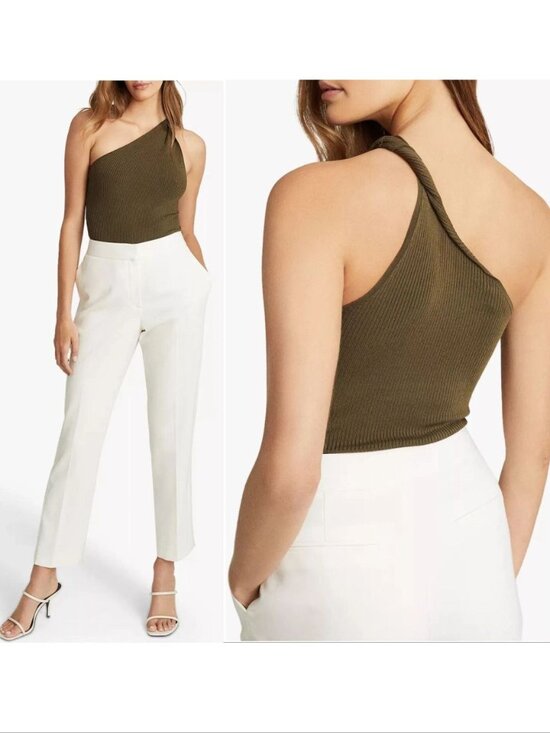 Reiss Tops - REISS Thea Twist One Shoulder Top Size L Khaki Green Ribbed Stretch NEW $150